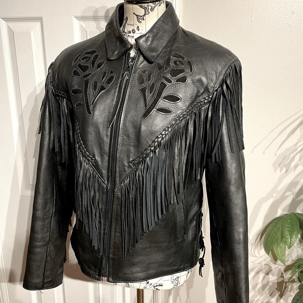 Vintage Hudson Leather Fringe Floral Braid Moto pleated Rave Biker Rock Western